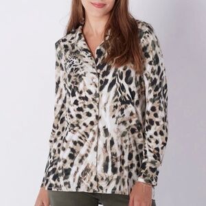 WYNNE LAYERS Cotton Spandex Knit 3 Button Long Sleeve Shirt Leopard Print Sz 1X